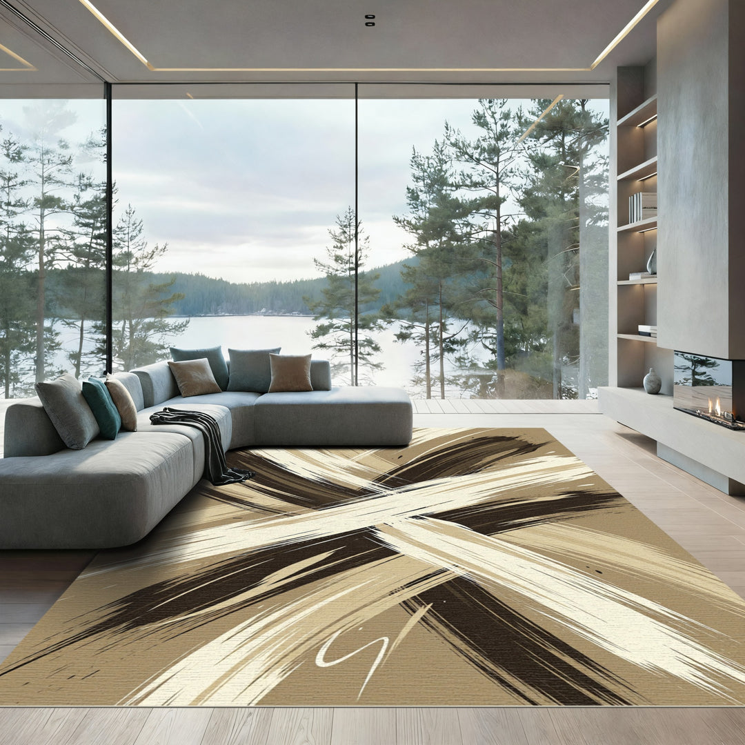 Abstract Brushstroke Beige Brown Rug