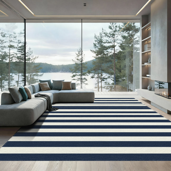 Classic Navy Cream Horizontal Stripes Rug