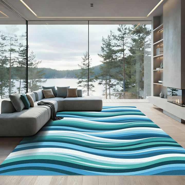 Aqua Blue Ocean Wave Abstract Rug