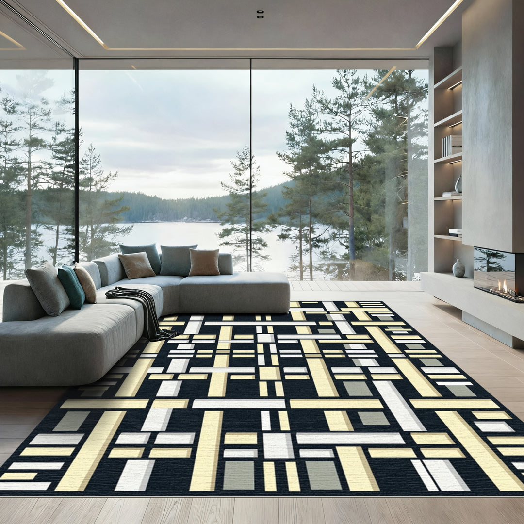 Modern Beige Rectangular Grid Rug
