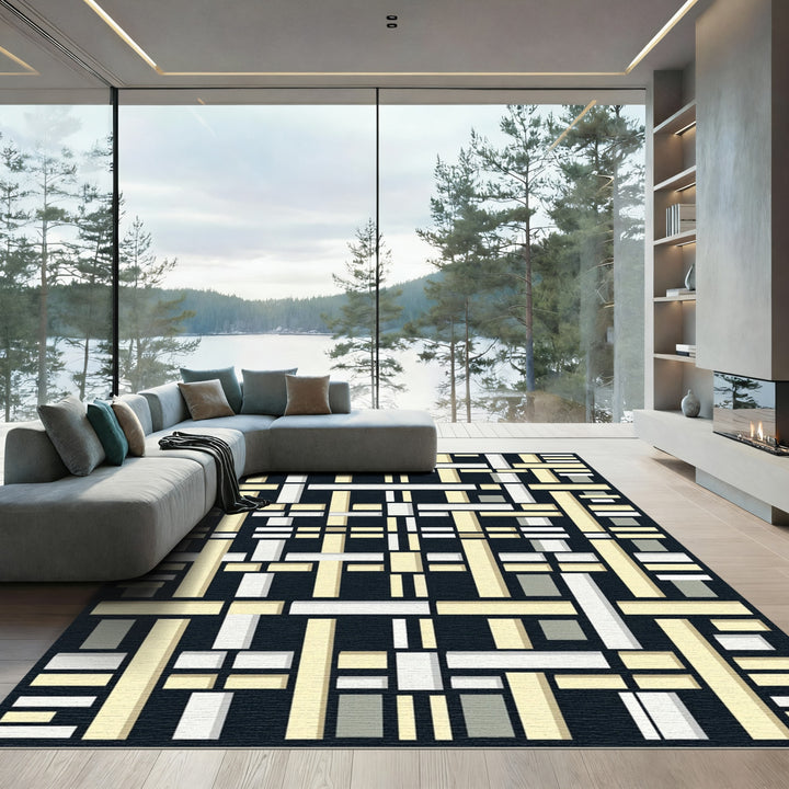 Modern Beige Rectangular Grid Rug