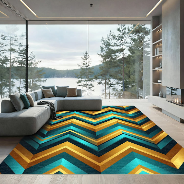 Geometric Teal Gold Chevron Rug