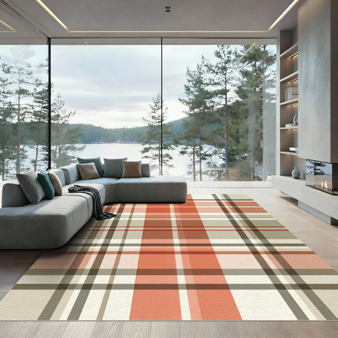 Terracotta Beige Plaid Tartan Rug
