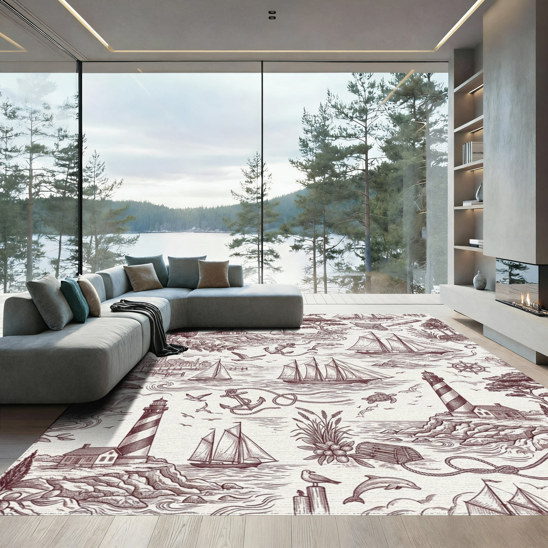 Nautical Scene Sailors Lighthouse Dolphins Anchor Rug