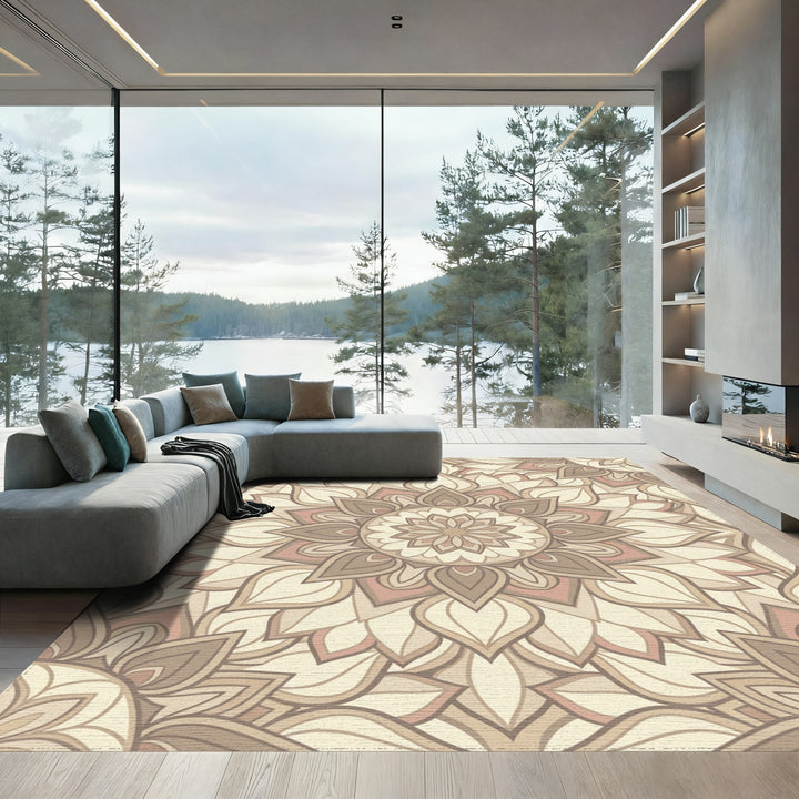 Neutral Earth Blossom Mandala Rug