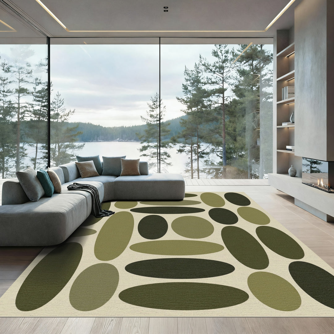 Olive Green Abstract Oval Arrangement Rug