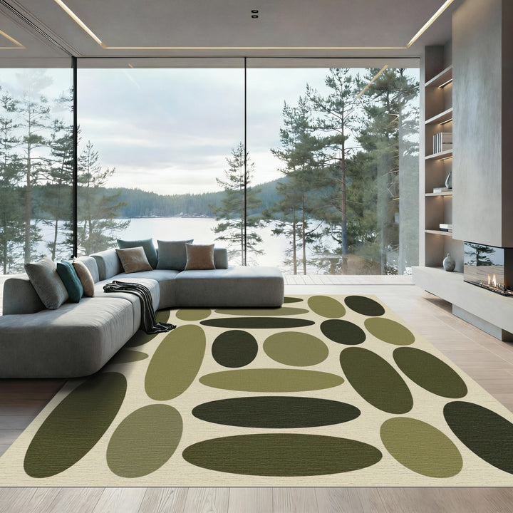 Olive Green Abstract Oval Arrangement Rug