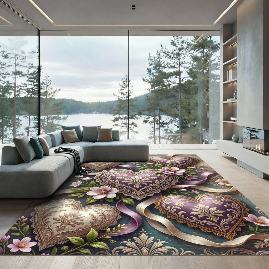 Ornate Vintage Purple Heart Floral Rug