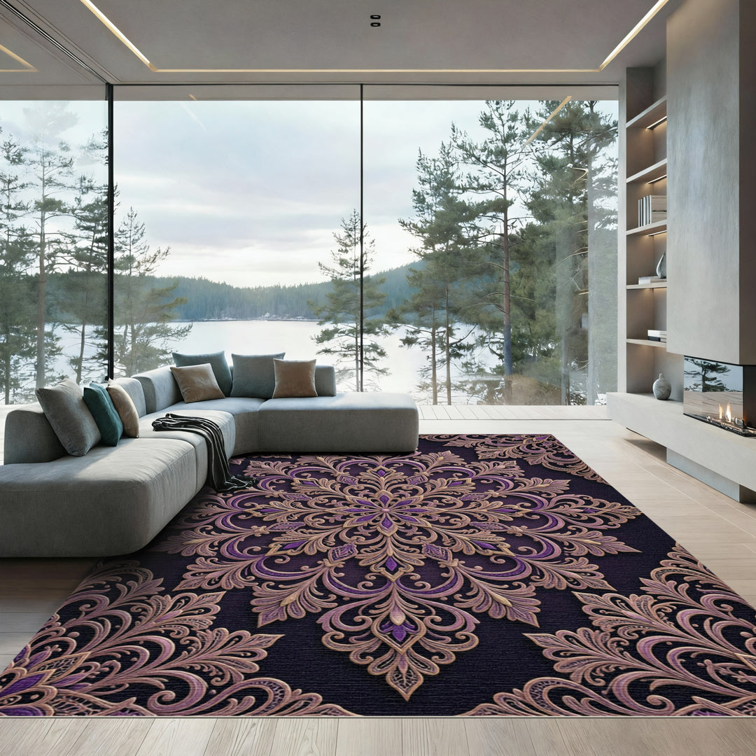 Ornate Purple Gold Damask Mandala Rug