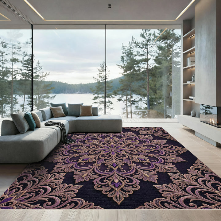 Ornate Purple Gold Damask Mandala Rug