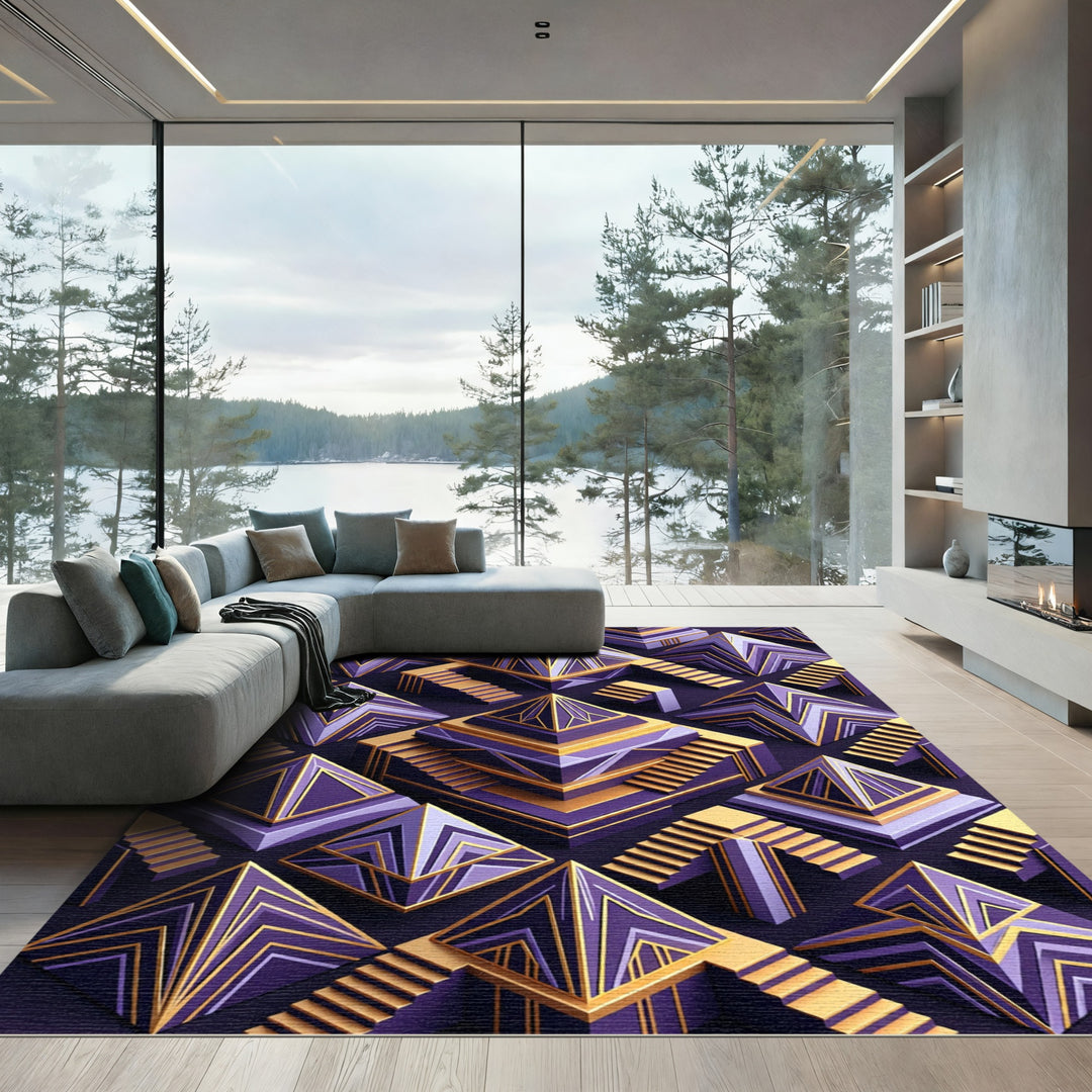 Art Deco Purple Gold Geometric Pyramid Rug