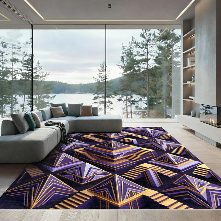 Art Deco Purple Gold Geometric Pyramid Rug