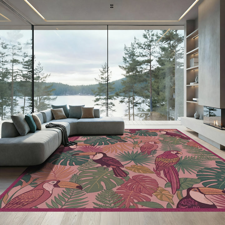 Tropical Toucans and Parrots Foliage Rug