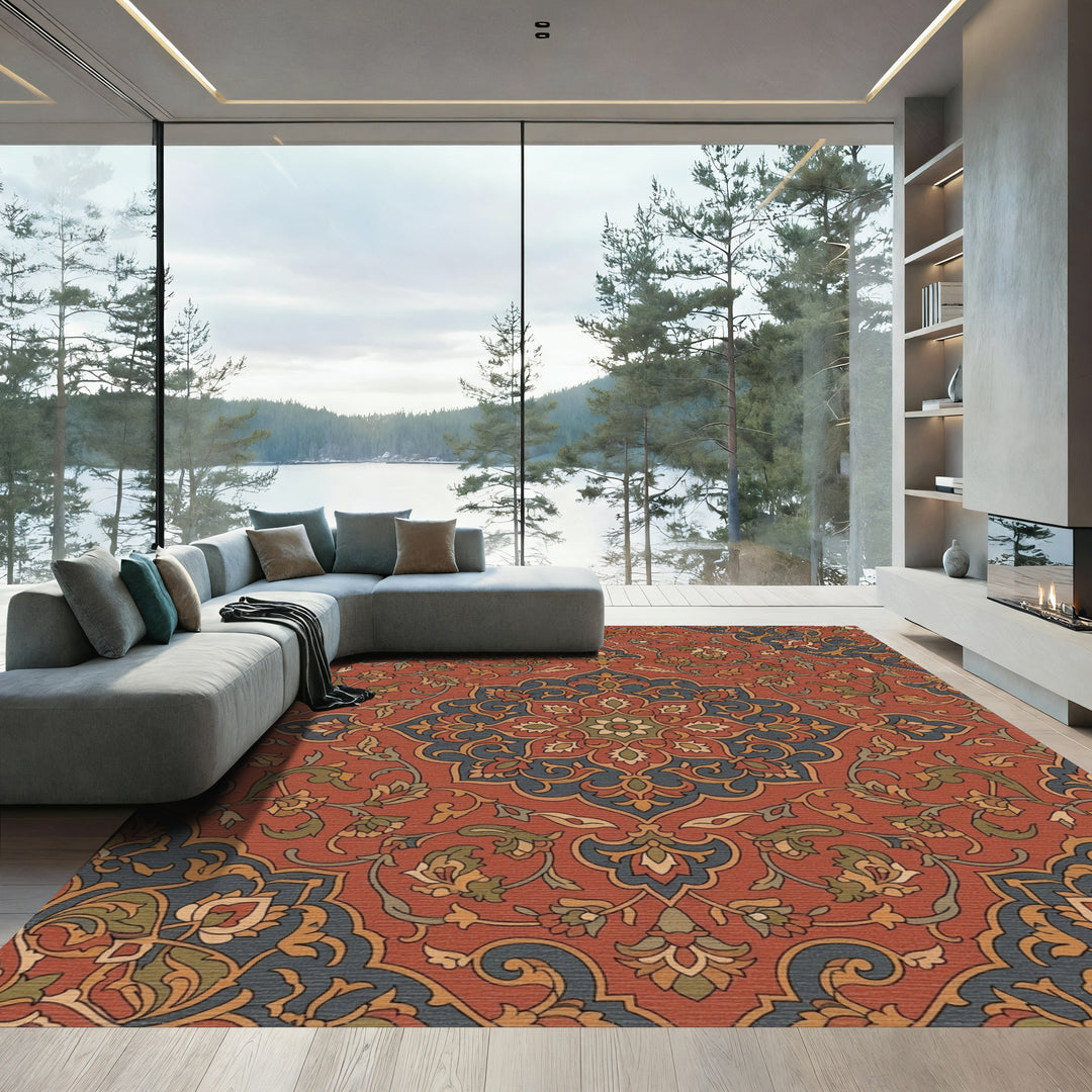 Rustic Terracotta Floral Medallion Rug