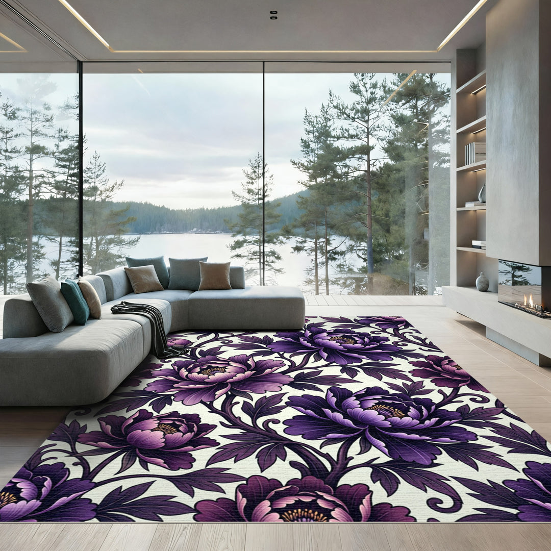 Deep Purple Peony Floral Art Rug