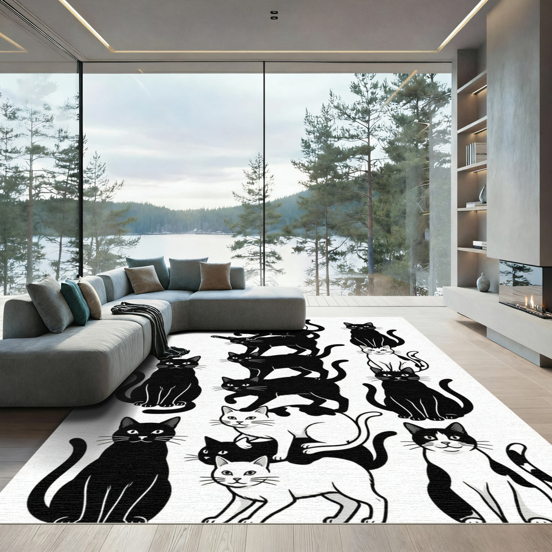 Whimsical Black White Cat Collage Rug