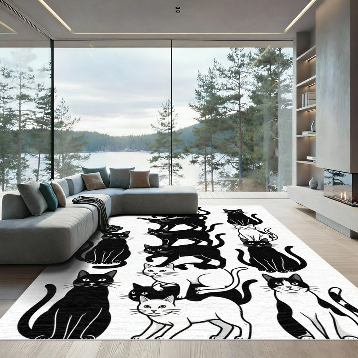 Whimsical Black White Cat Collage Rug