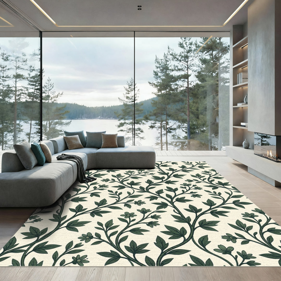 Dark Green Floral Vine Botanical Rug