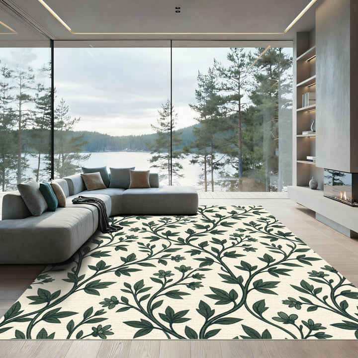 Dark Green Floral Vine Botanical Rug