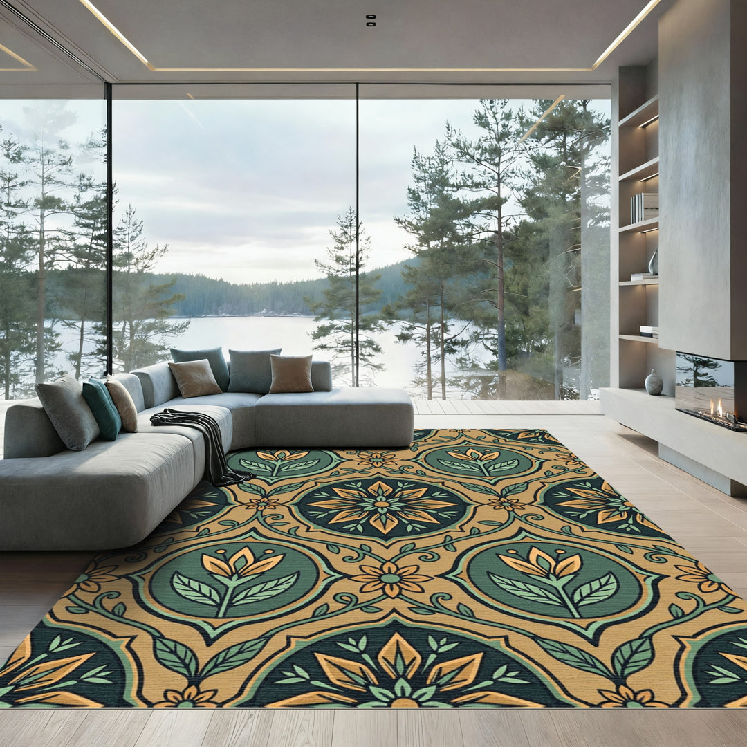 Art Nouveau Emerald Gold Floral Vine Rug