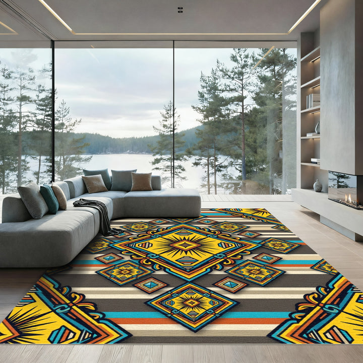 Bold Yellow Geometric Southwest Medallion Rug