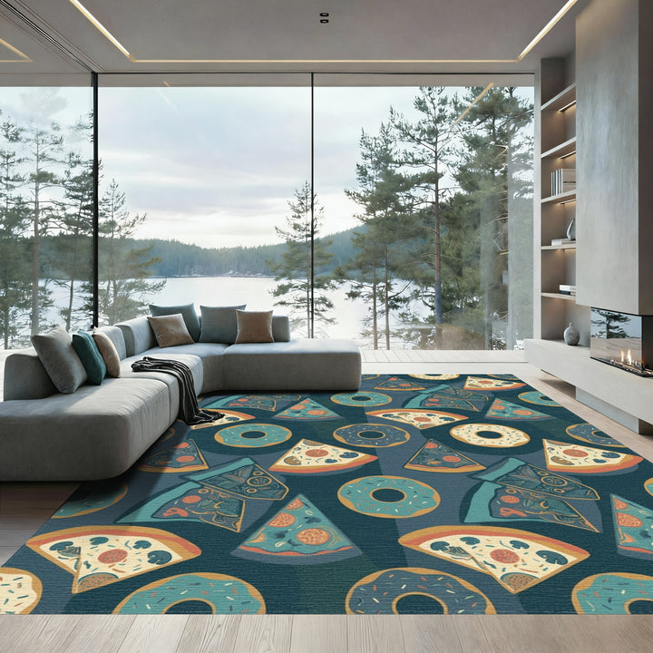 Whimsical Pizza and Donuts Navy Rug