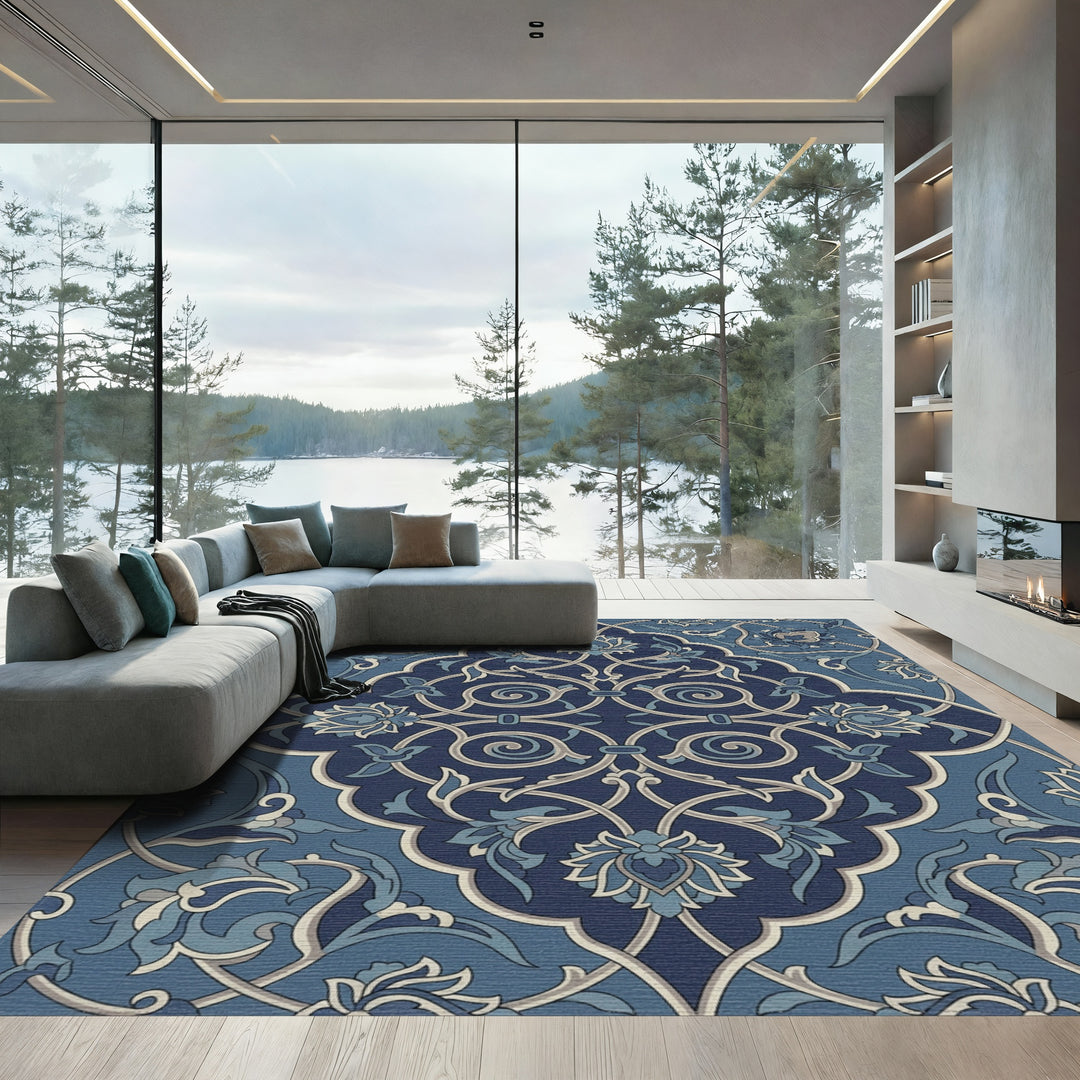 Dark Blue Floral Arabesque Scroll Rug