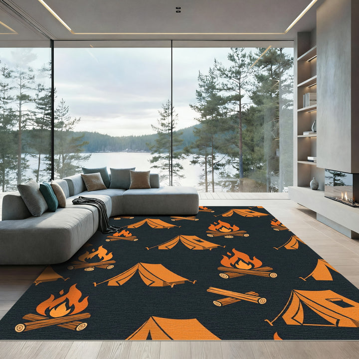 Orange Campfire Tent Illustration Rug