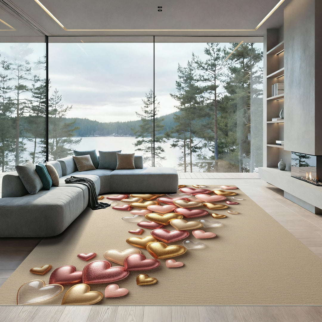 Shimmering Gold Pink Heart Collection Rug