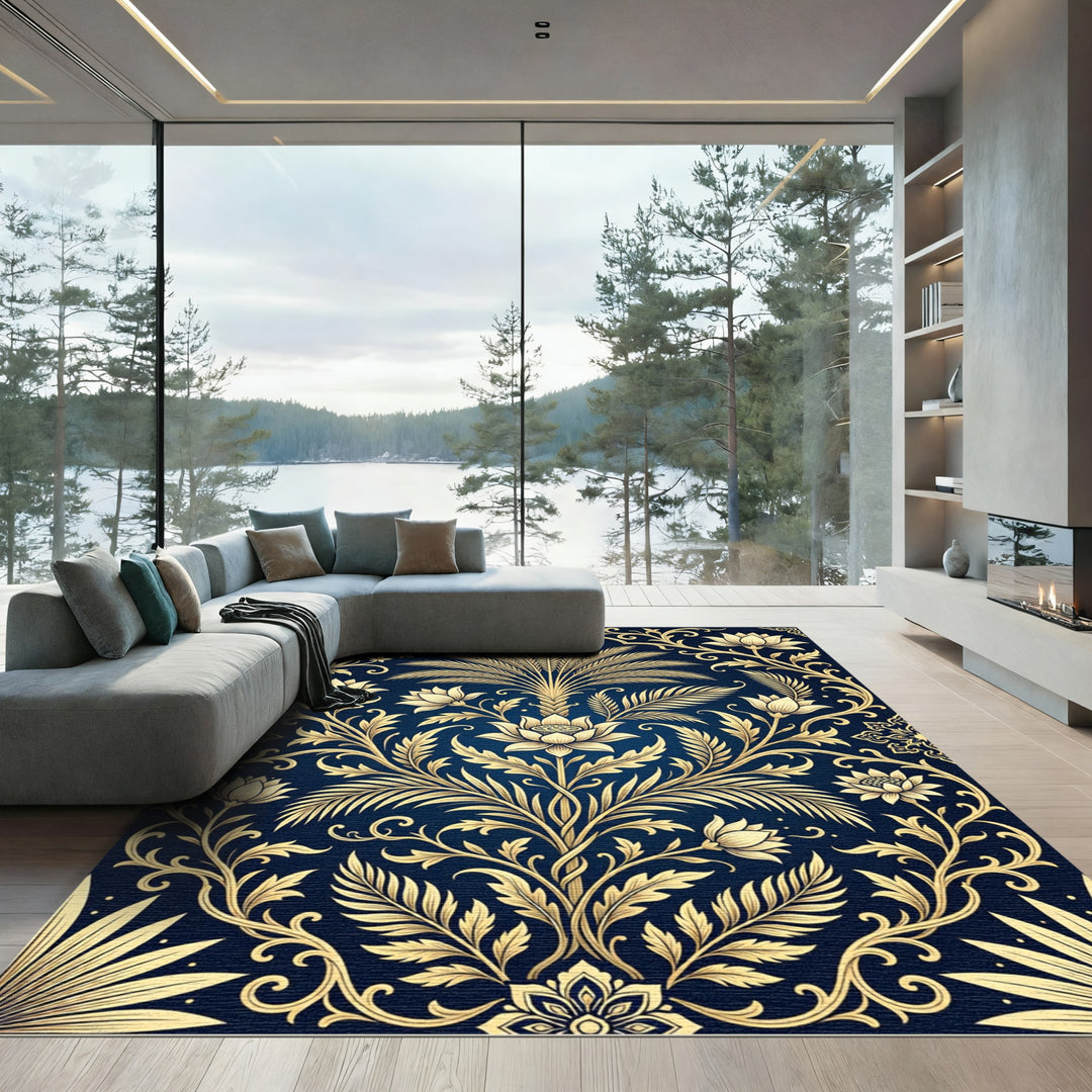 Elegant Gold Lotus Floral Navy Rug