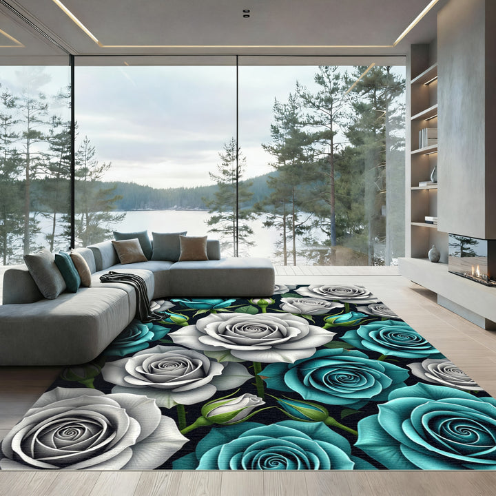 Teal And White Rose Garden Accent Rug