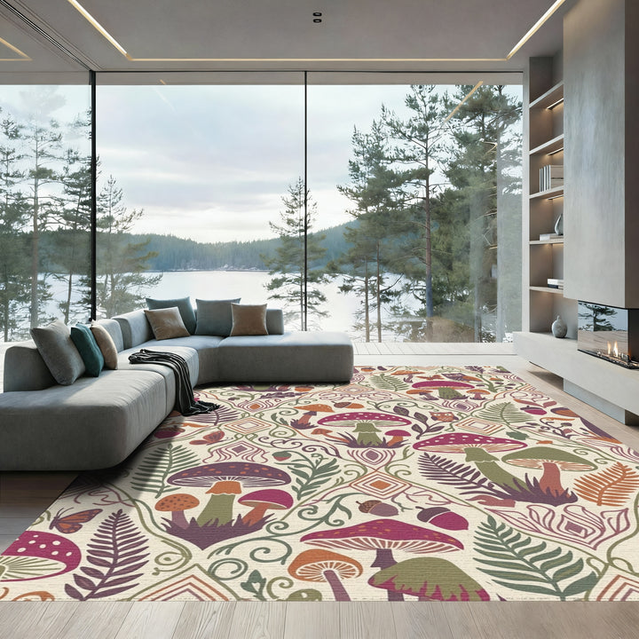 Whimsical Earthy Forest Mushroom Meadow Rug