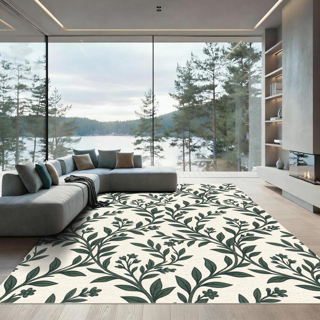 Dark Green Botanical Vine Swirl Rug
