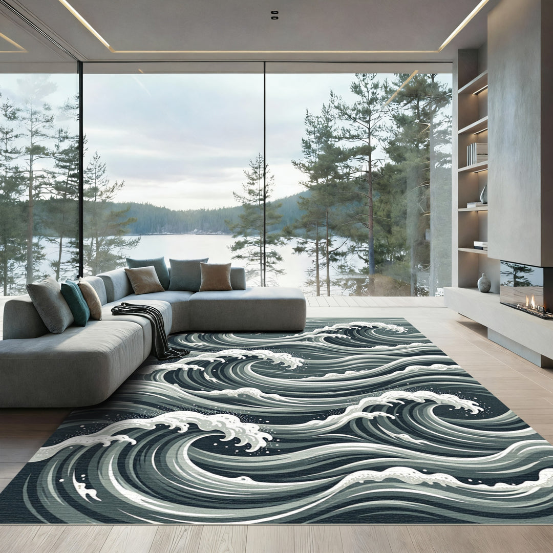 Dynamic Gray Swirling Ocean Waves Rug