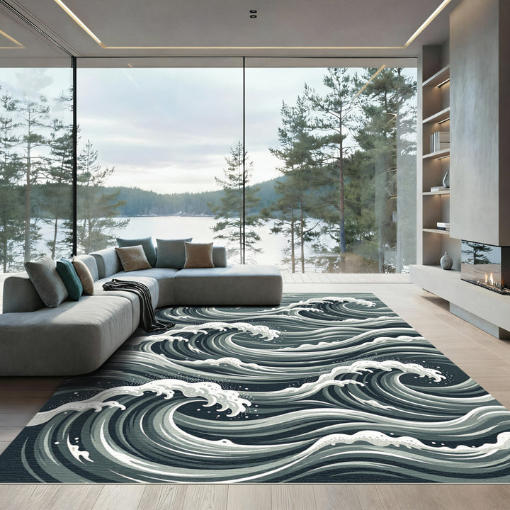 Dynamic Gray Swirling Ocean Waves Rug