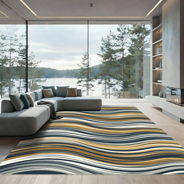 Bold Gold Gray Abstract Wave Rug