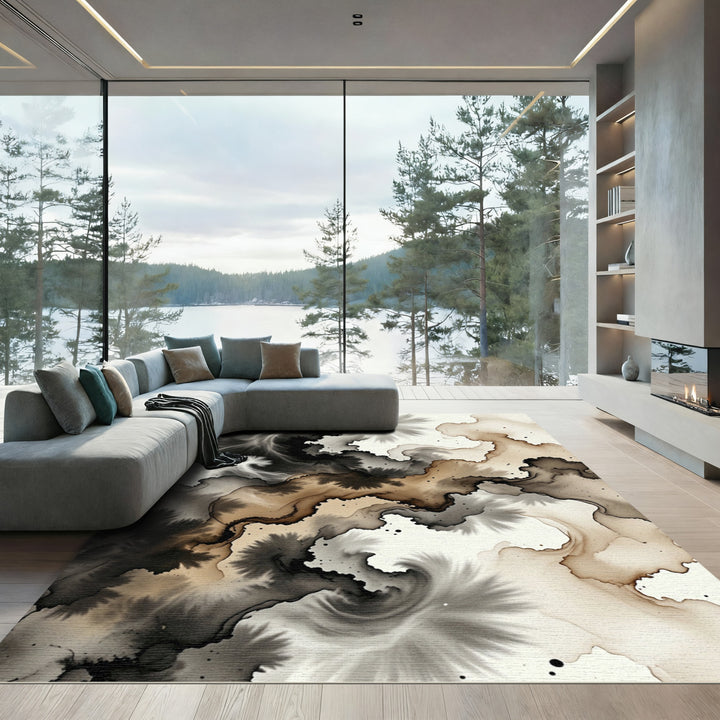 Ink Wash Abstract Sepia Swirl Rug