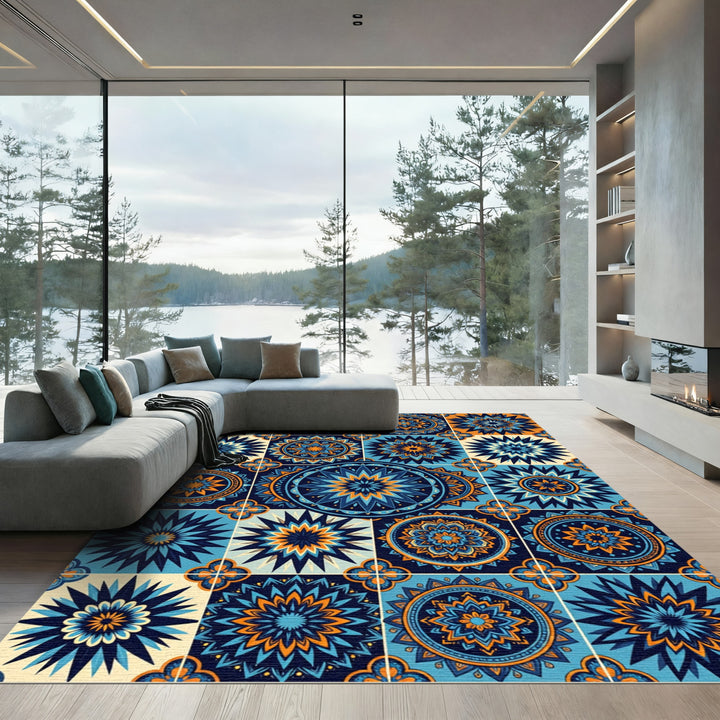 Azure Orange Mandala Tiles Rug