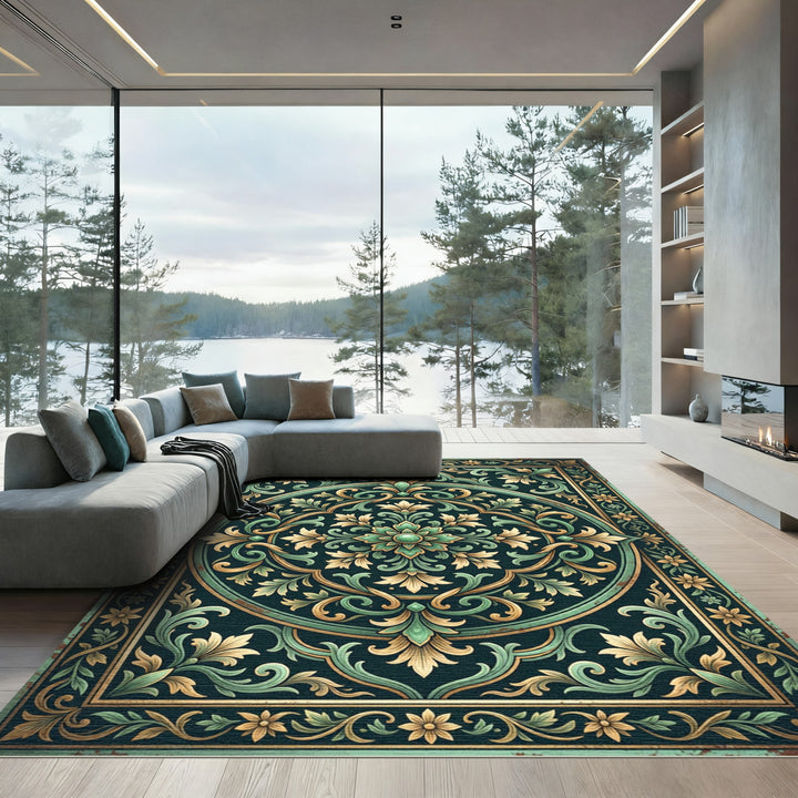 Ornate Teal Geometric Floral Medallion Rug