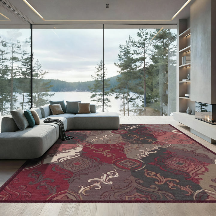 Crimson Burgundy Patchwork Scroll Medallion Rug