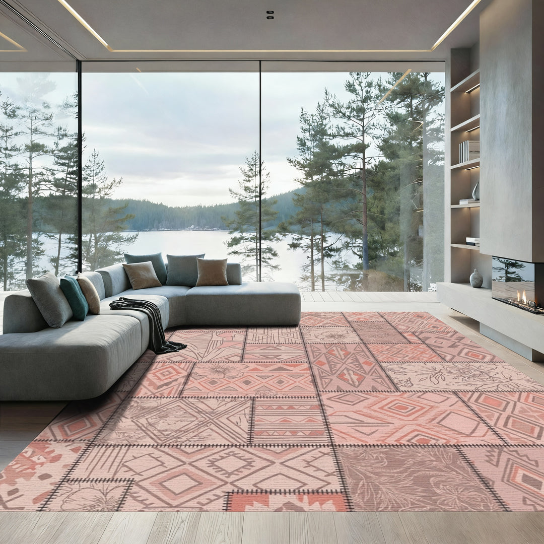 Muted Pink Patchwork Geometric Floral Rug