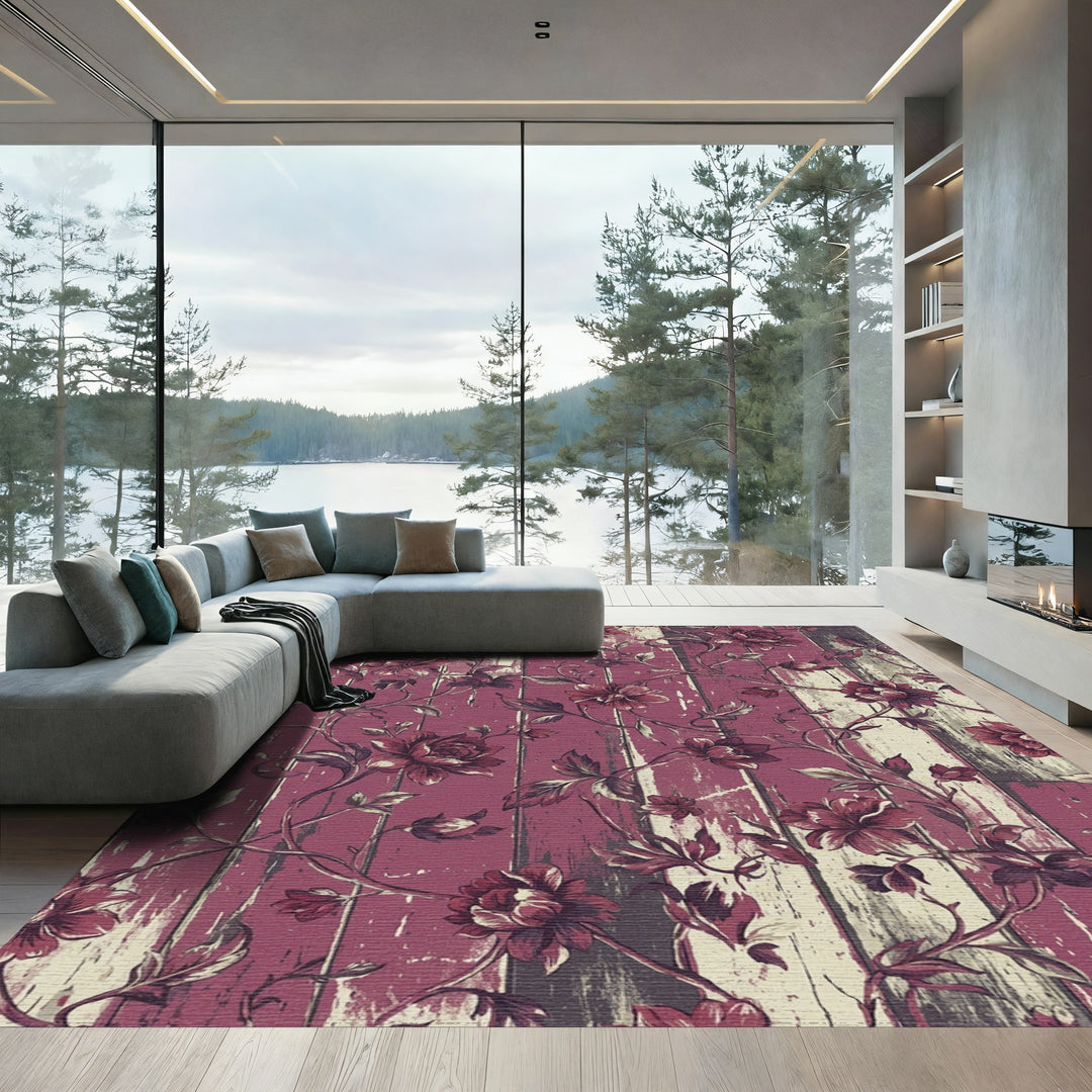 Ornate Plum Floral Woodgrain Vines Rug