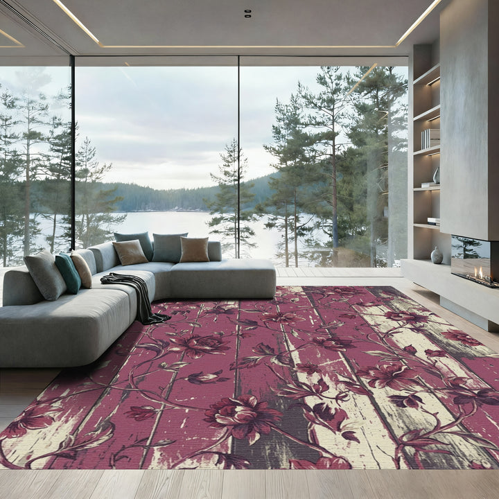 Ornate Plum Floral Woodgrain Vines Rug