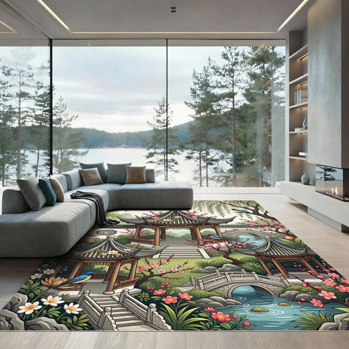 Elegant Chinese Garden Bird Blossom Rug