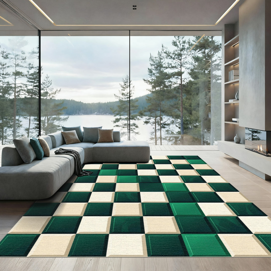 Emerald Ivory Checkerboard Squares Rug