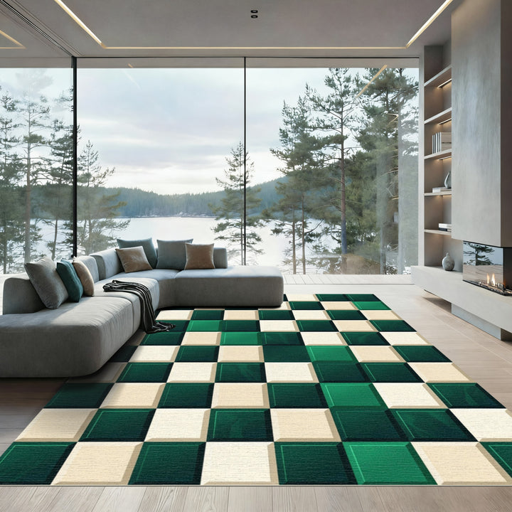 Emerald Ivory Checkerboard Squares Rug