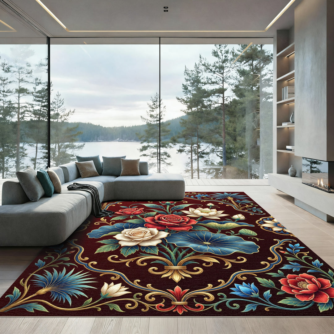 Rich Red Floral Lotus Scroll Rug