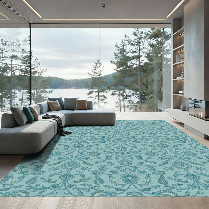 Aqua Blue Floral Lace Vine Rug