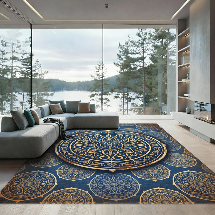 Ornate Blue Gold Medallion Rug