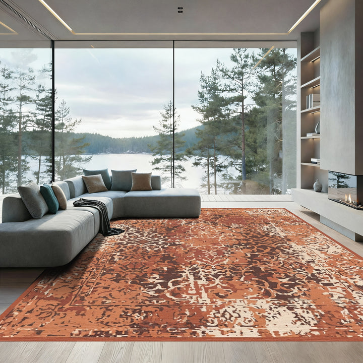 Distressed Terracotta Floral Medallion Rug